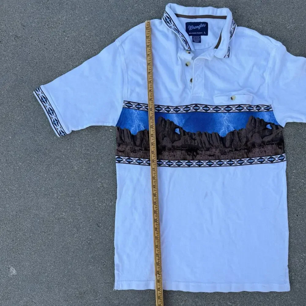 Vintae 90s Wrangler Desert Rock Mountain Scene White Polo Shirt Aztec LARGE
